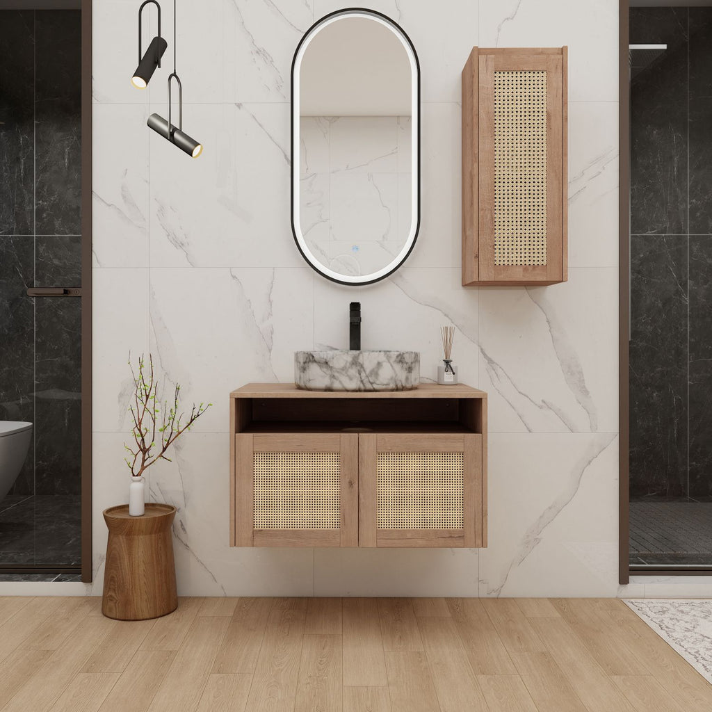 30" Bathroom Vanity with Ceramic Art Sink and Side Cabinet, 2-Soft Close Door, Float Mounting Design, Plywood (KD-Packing)