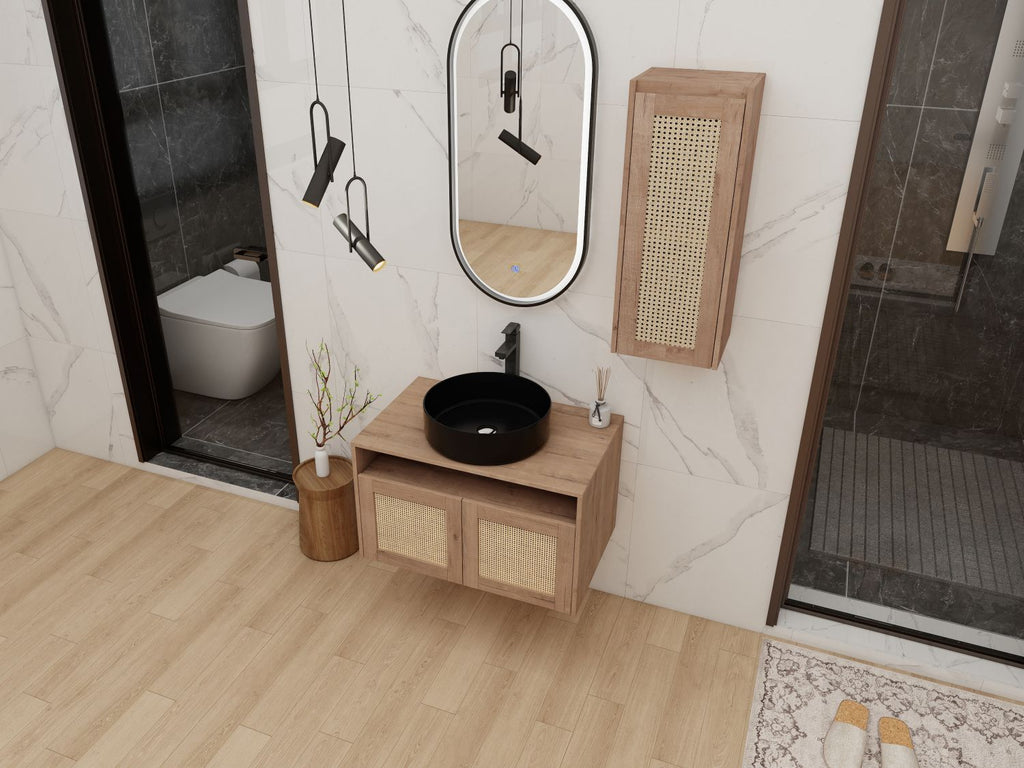 30" Bathroom Vanity with Ceramic Art Sink and Side Cabinet, 2-Soft Close Door, Float Mounting Design, Plywood (KD-Packing)