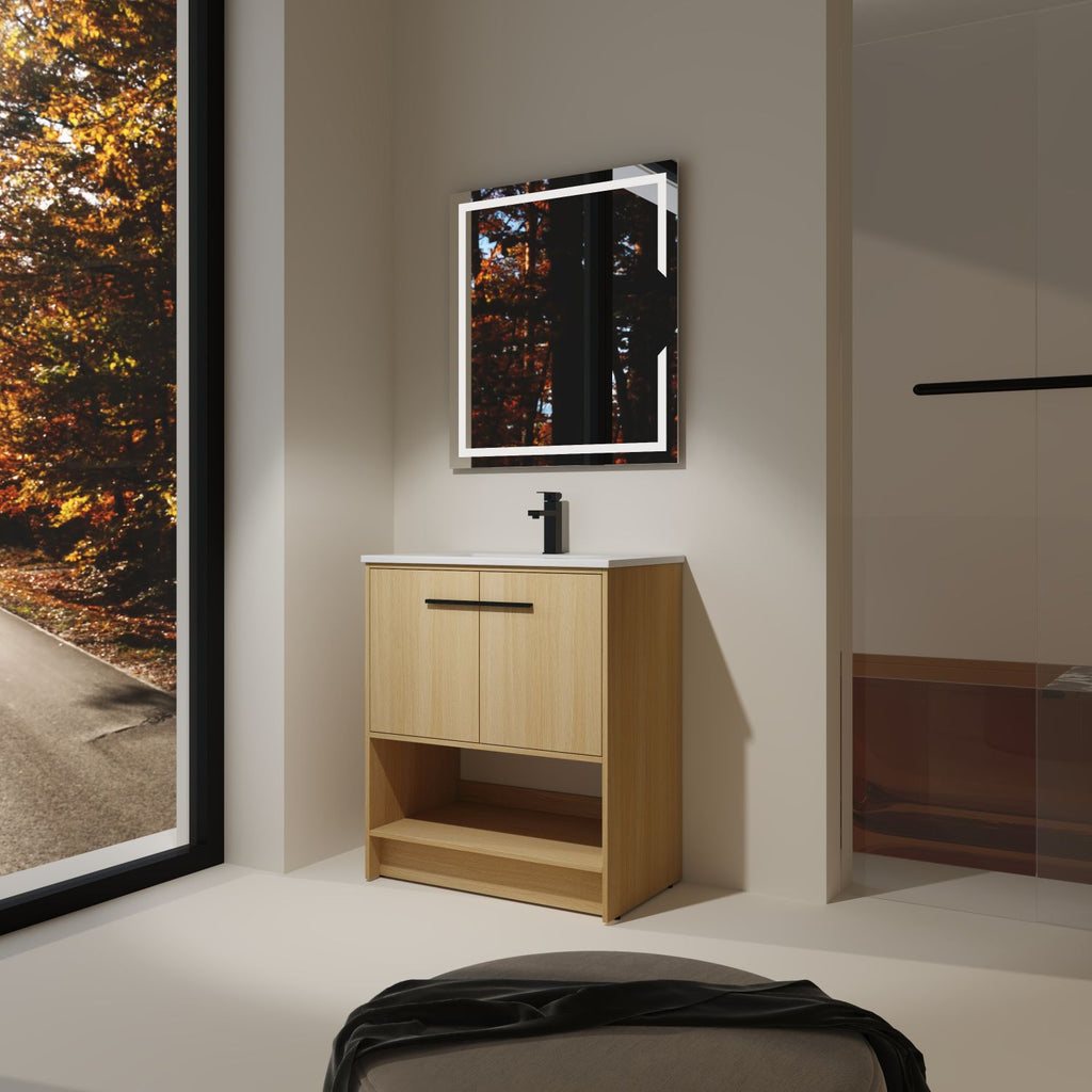 30" Bathroom Vanity with Ceramic Sink, 2 Soft Closing Doors, Freestanding Bathroom Cabinet Vanity, Plywood