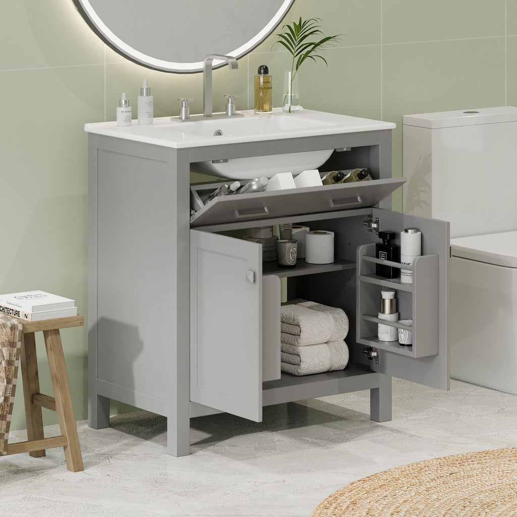 30" Bathroom Vanity with Ceramic Sink, Modern Gray Single Bathroom Cabinet with 2 Doors and a Shelf, Soft Close Doors