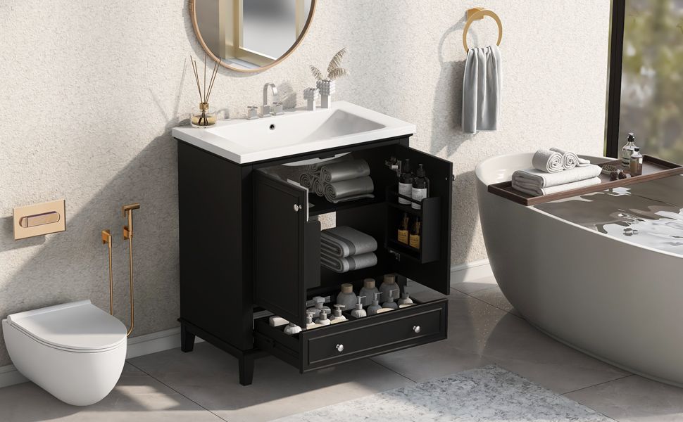 30" Bathroom Vanity with Sink Combo, Multi-functional Bathroom Cabinet with Doors and Drawer, Solid Frame and MDF Board, Black