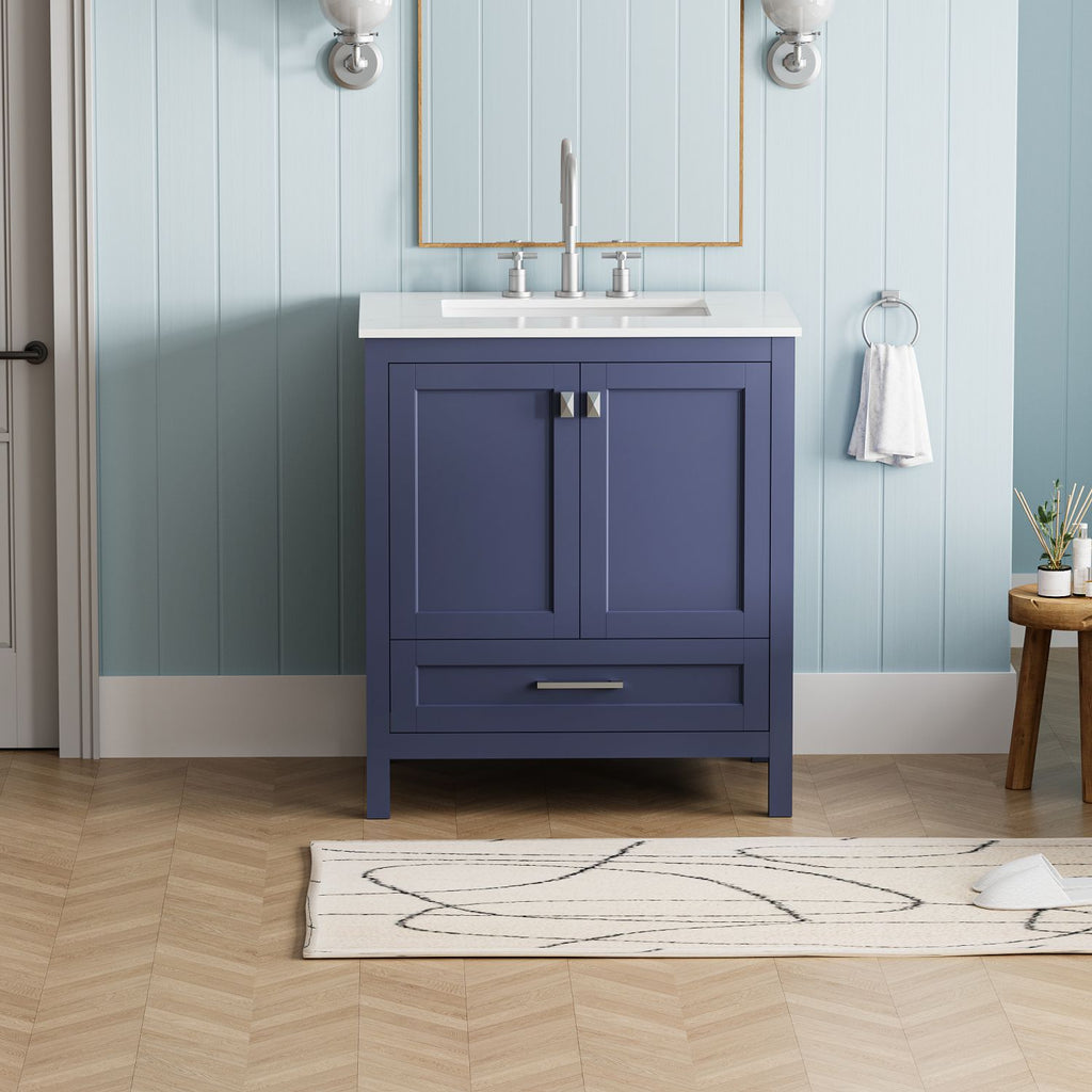 30" Bathroom Vanity with Sink, Fully Assembled Bathroom Sink Cabinet with Marble Countertop, Navy Blue 24V03-30NB