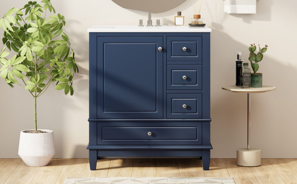 30" Bathroom Vanity with Sink, One Door with Shelf and Three Drawers, Soft Close Door, Blue