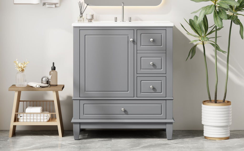 30" Bathroom Vanity with Sink, One Door with Shelf and Three Drawers, Soft Close Door, Grey