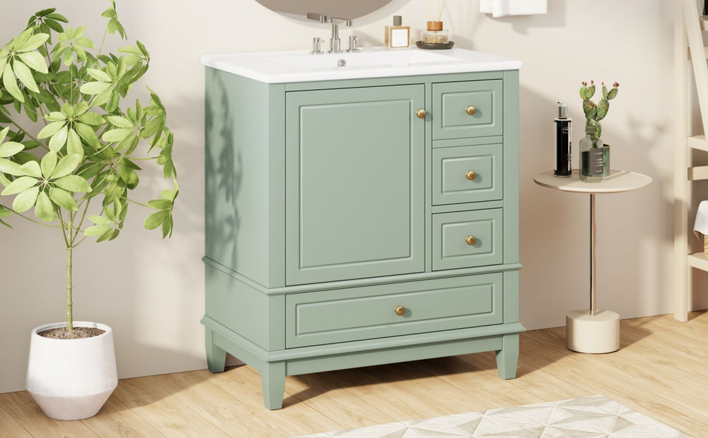 30" Bathroom Vanity with Sink, One Door with Shelf and Three Drawers, Soft Close Door, Light Green