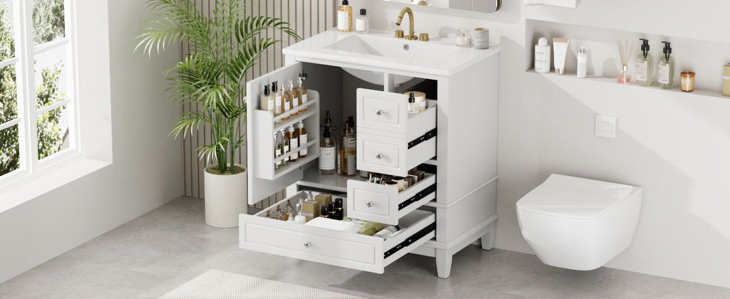 30" Bathroom Vanity with Sink, One Door with Shelf and Three Drawers, Soft Close Door, White