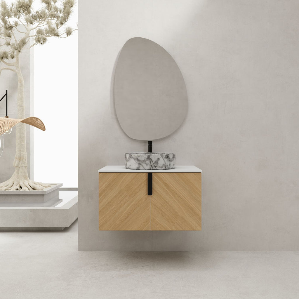 30" Bathroom Vanity With Top Ceramic Art Sink and Artificial Stone Slab, 2-Soft Close Door, Wall-Mounted Mounting Design, Plywood (KD-Packing)
