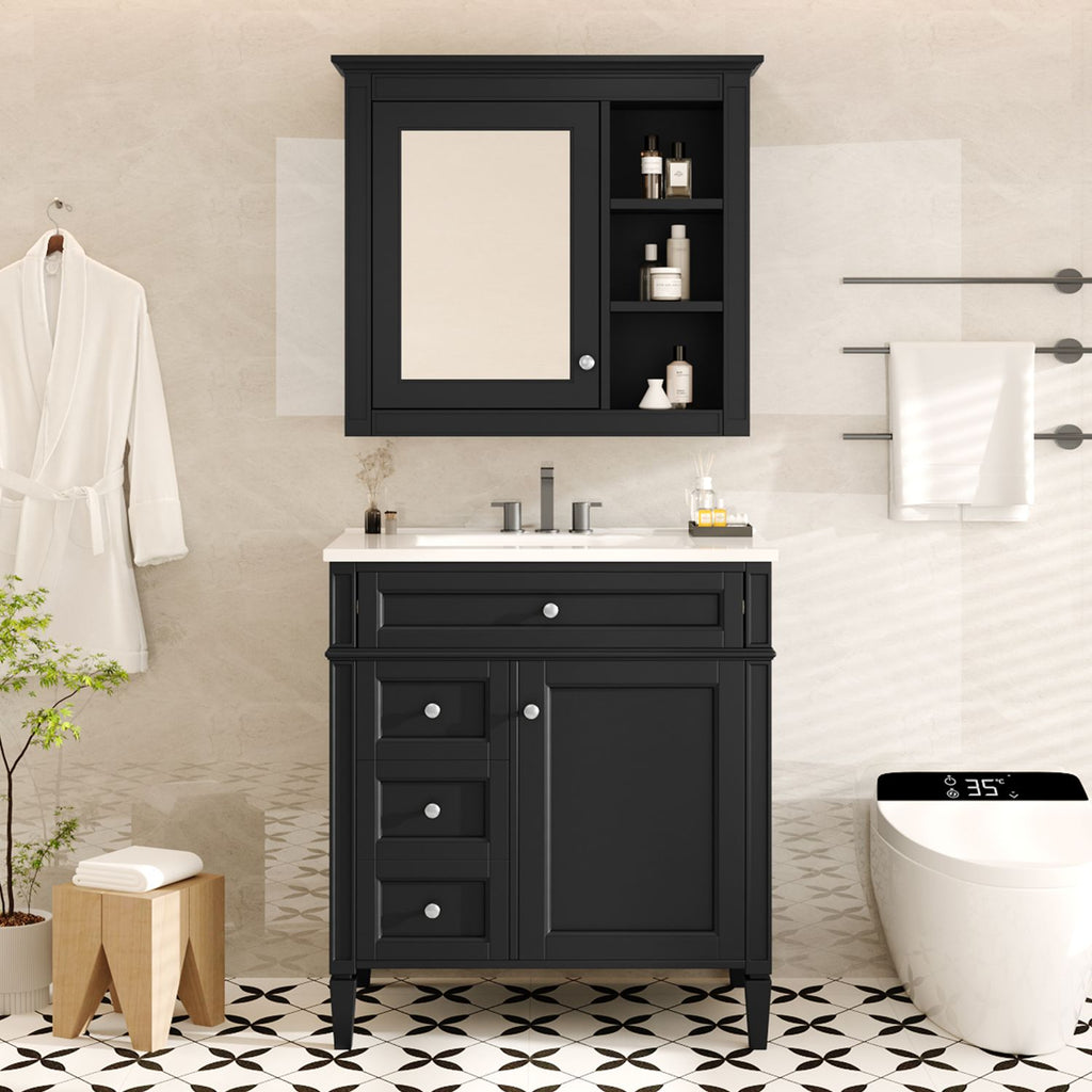 30'' Bathroom Vanity with Top Sink, Modern Bathroom Storage Cabinet with 2 Drawers and a Tip-out Drawer, Freestanding Vanity Set with Mirror Cabinet, Single Sink Bathroom Vanity