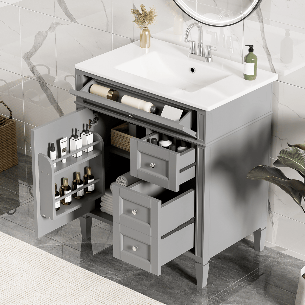 30'' Bathroom Vanity with Top Sink, Modern Bathroom Storage Cabinet with 2 Drawers and a Tip-out Drawer, Single Sink Bathroom Vanity