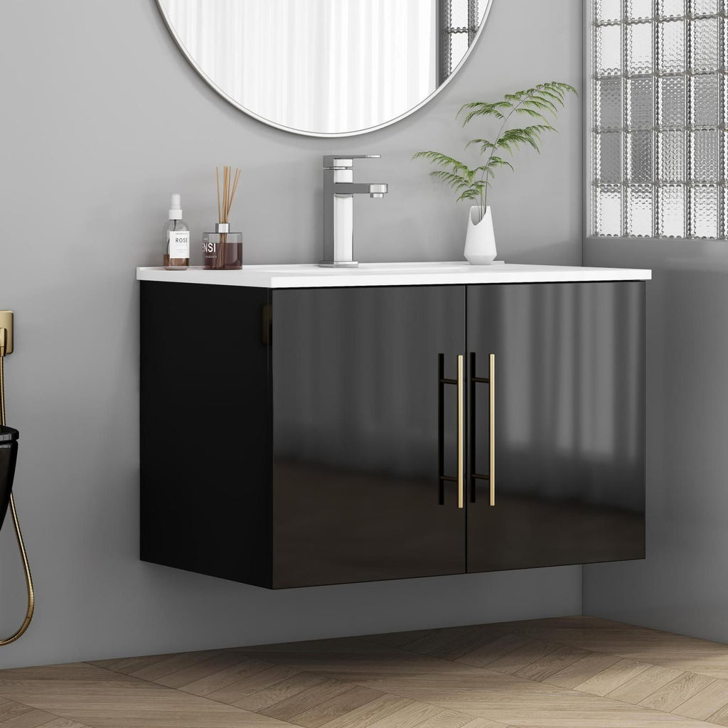 30-Inch Black Gloss Wall-Mounted Bathroom Vanity with Double Doors, Soft-Close Hangers,Long Gold Metal Handle,Easy Installation,Glossy Black