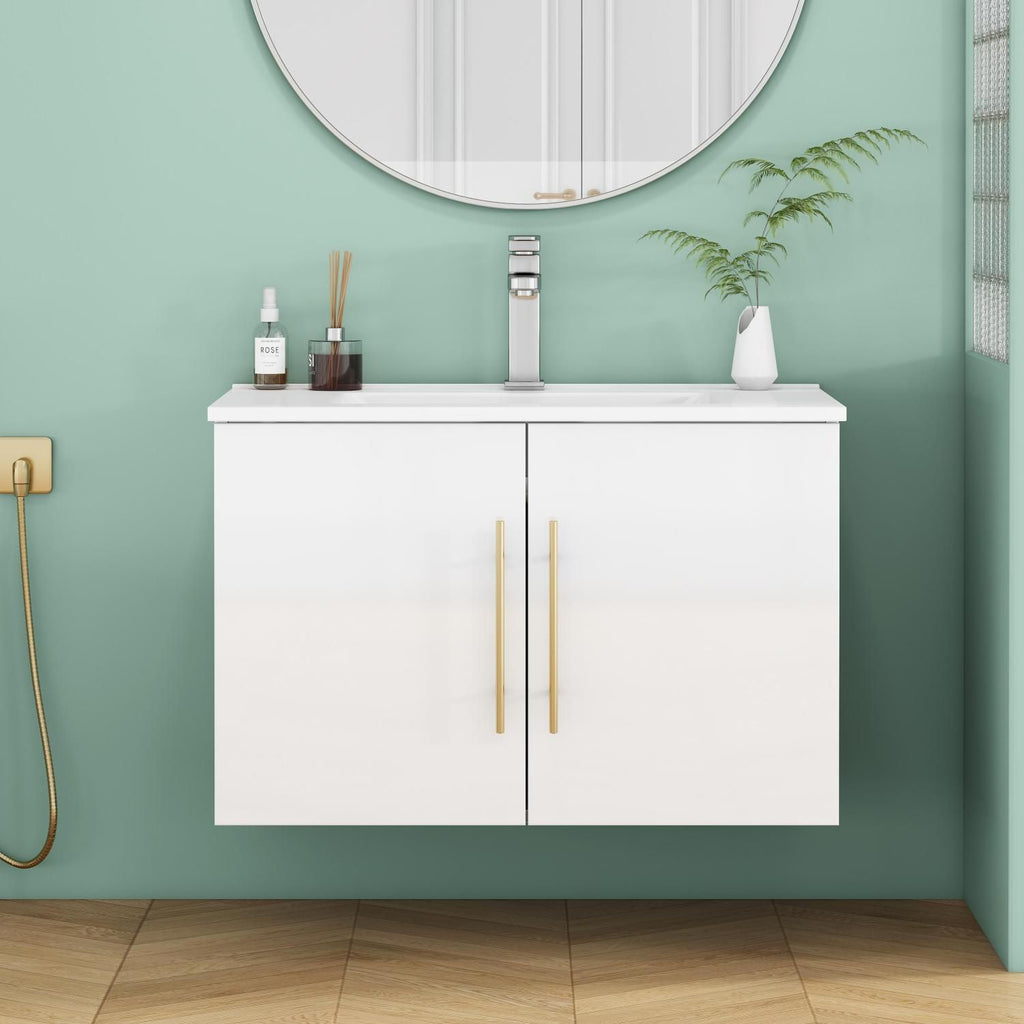 30-Inch White Gloss Wall-Mounted Bathroom Vanity with Double Doors, Soft-Close Hangers,Long Gold Metal Handle,Easy Installation,Glossy White