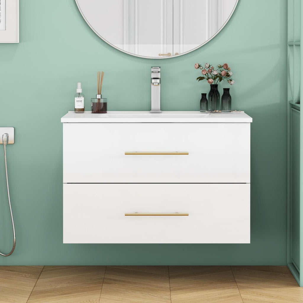 30-Inch White Gloss Wall-Mounted Bathroom Vanity with Sink Combo, Double Drawers,Ceramic Sink,Long Metal Handle ,Easy Installation,Glossy White