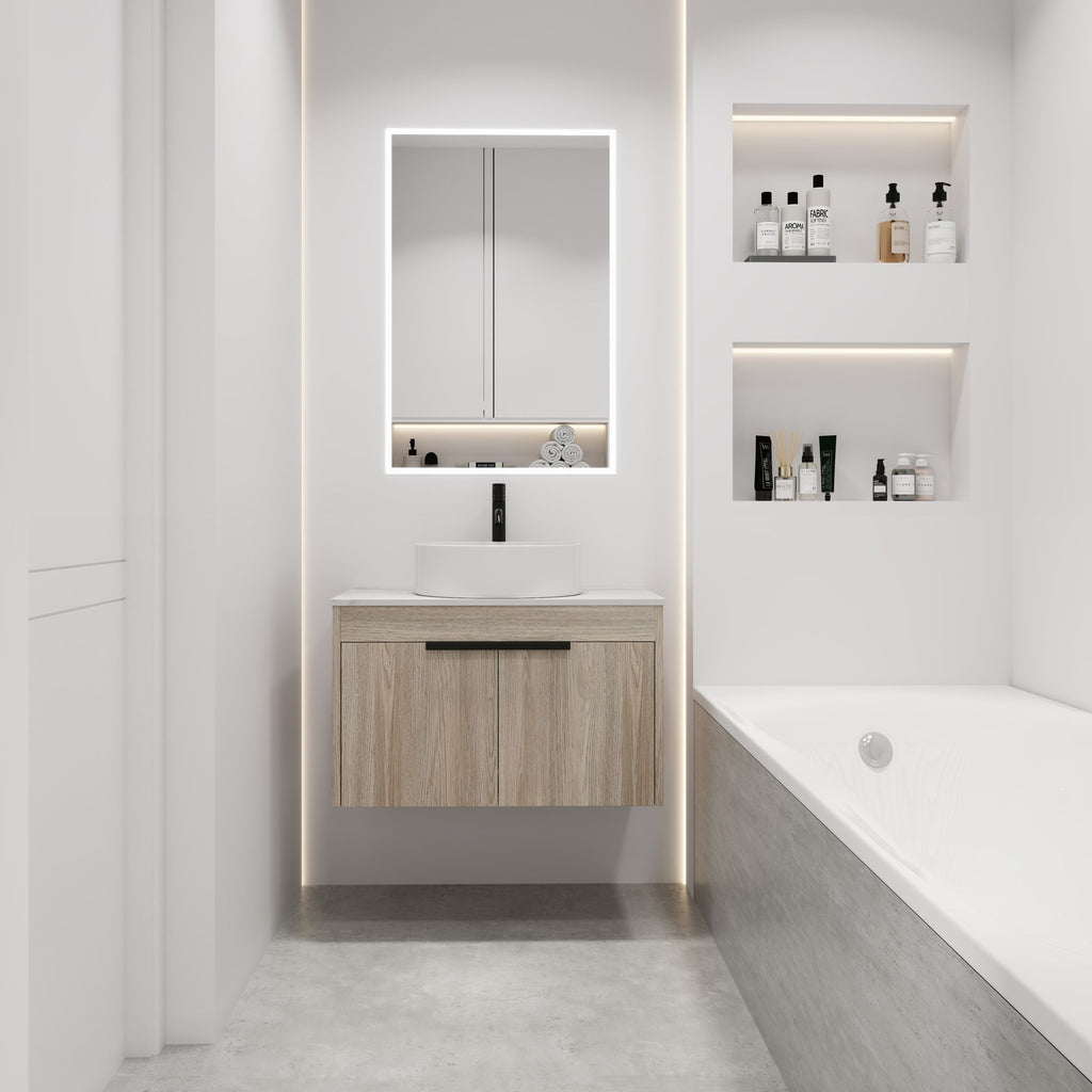 30 " Modern Design Float Bathroom Vanity With Ceramic Basin Set, Wall Mounted White Oak Vanity With Soft Close Door,KD-Packing,KD-Packing,2 Pieces Parcel(TOP-BAB400MOWH)