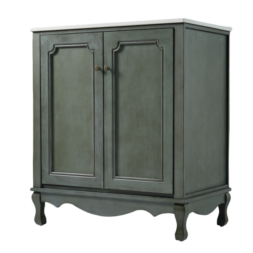 30" Vintage Bathroom Vanity with Rectangle Ceramic Sink, Bathroom Vanity Cabinet with Antique Handles and 2 Doors, Bathroom Storage Cabinet with Solid Wood Legs and Adjustable shelves, Antique Blue