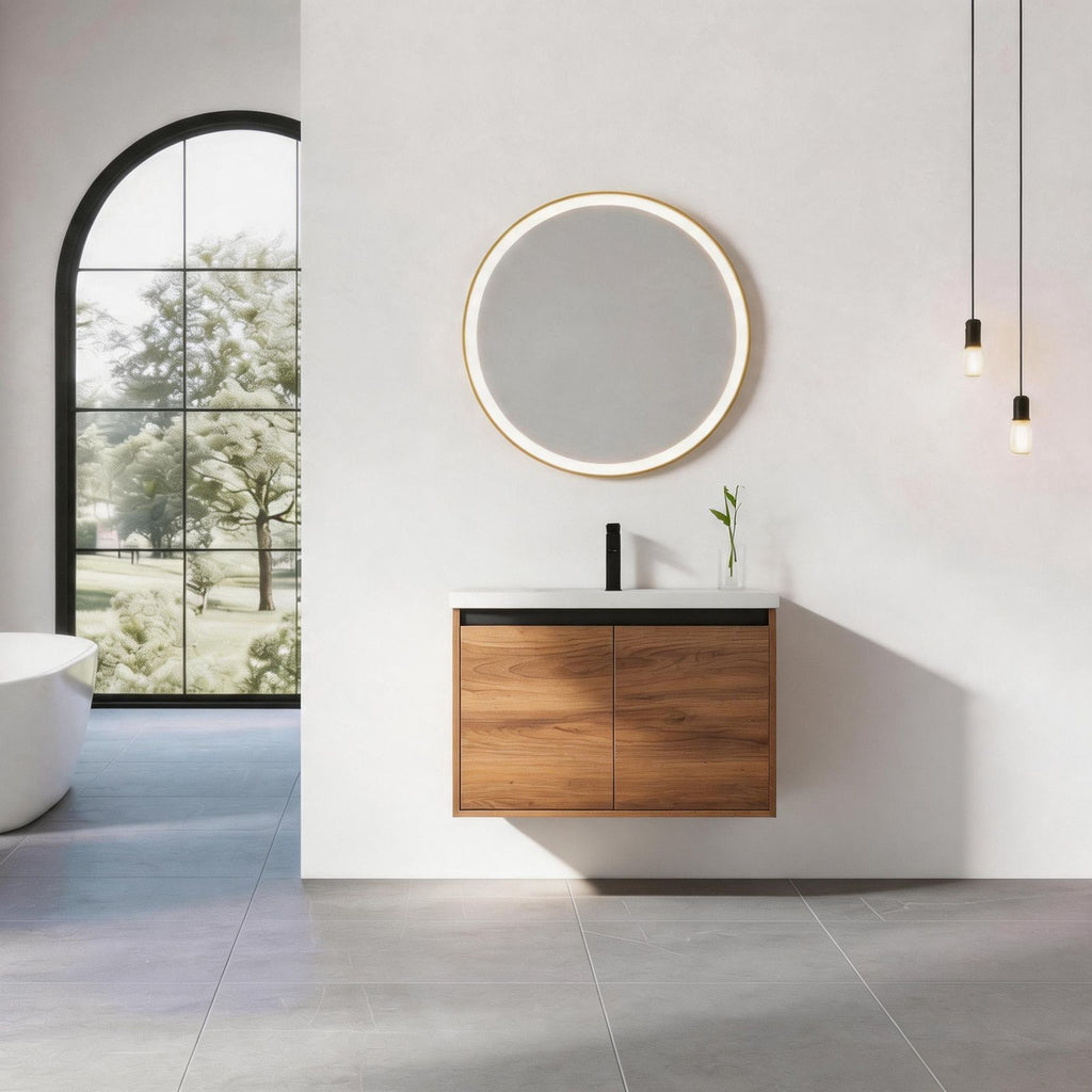 30" Wall Mounted Bathroom Vanity with Resin Basin, Natural Brown Finish, Double Door Plywood Cabinet, Modern Floating Vanity Set, KD Assembly, Single Package