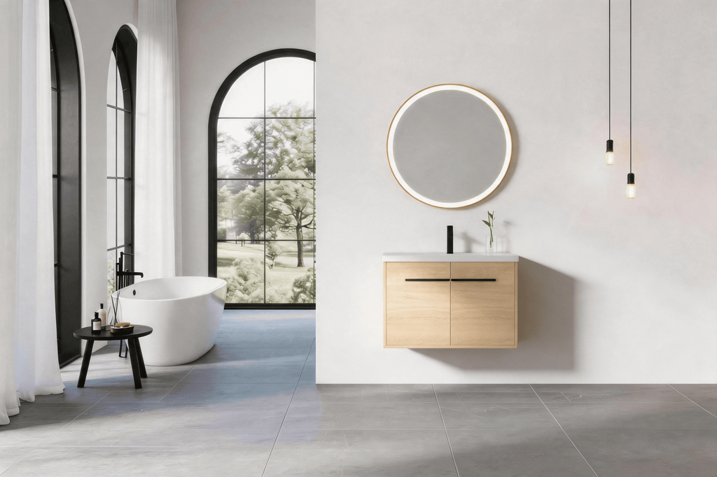 30" Wall Mounted Bathroom Vanity with Resin Basin, Natural Oak Finish, Double Door Plywood Cabinet, Modern Floating Vanity Set, KD Assembly, Single Package