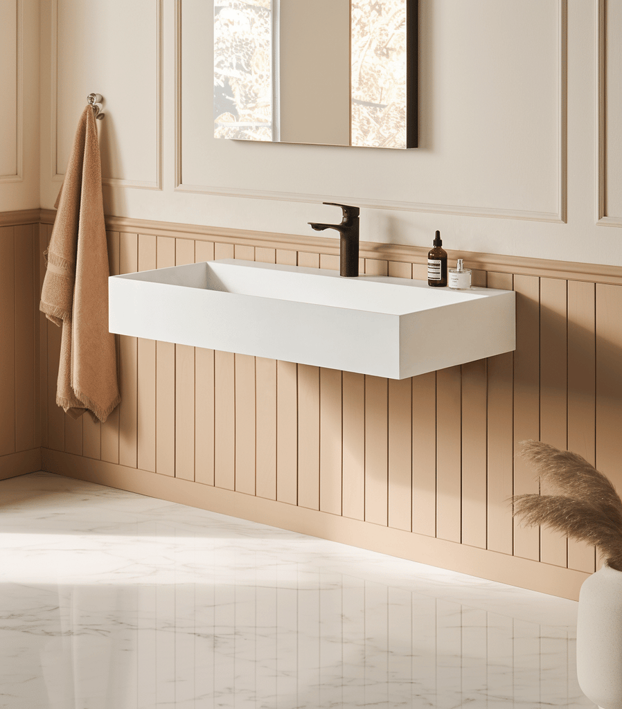 30" x 18" Solid Surface Wall Mount Rectangle Matte White Vessel Sink with Faucet Hole