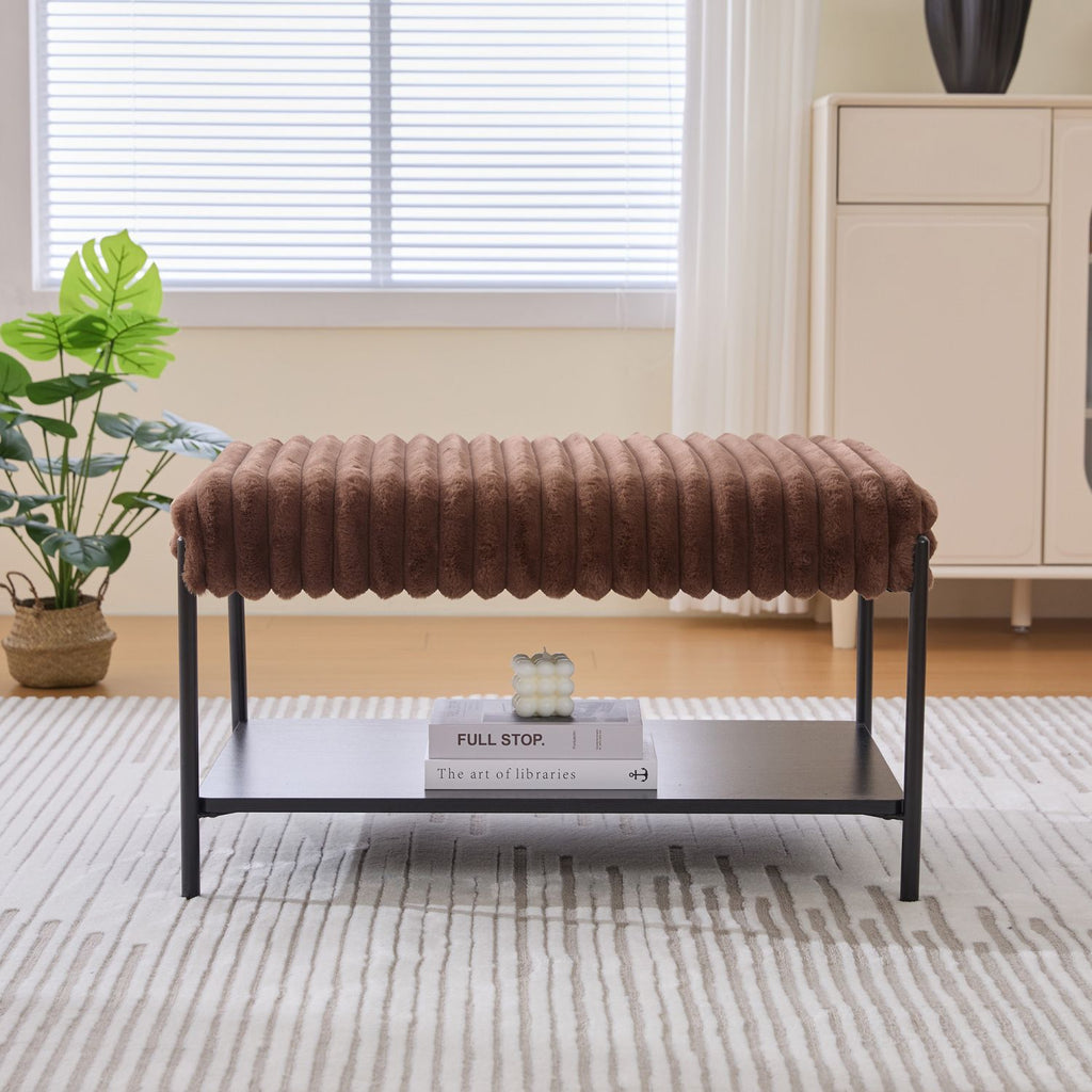 30.7"Wide Upholstered Ottoman Coffee Table Foot Rest with Black Metal Legs,Footstool with Wooden Open Storage Shelf, Faux Fur Foot Stool for Living Room Bedroom Entryway Hotel. Brown