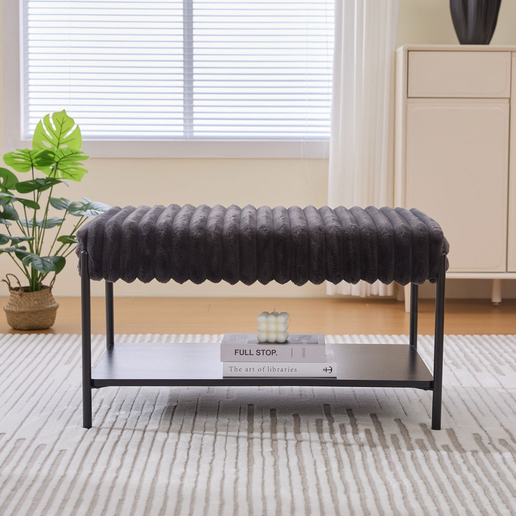 30.7"Wide Upholstered Ottoman Coffee Table Foot Rest with Black Metal Legs,Footstool with Wooden Open Storage Shelf, Faux Fur Foot Stool for Living Room Bedroom Entryway Hotel. Charcoal