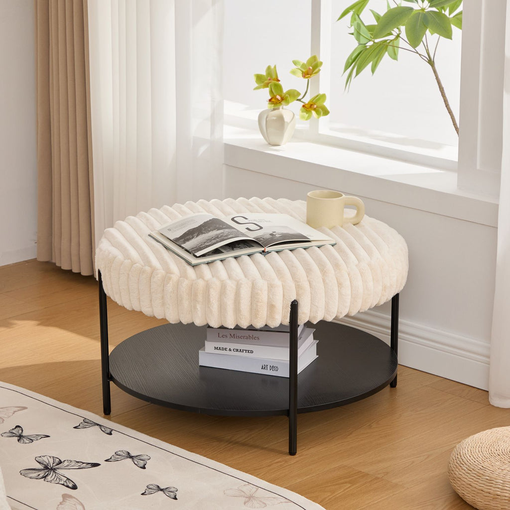 30.9"Wide Upholstered Round Ottoman Coffee Table Foot Rest with Black Metal Legs, Footstool with Wooden Open Storage Shelf,Faux Fur Footstool for Living Room Bedroom Entryway Hotel. Beige