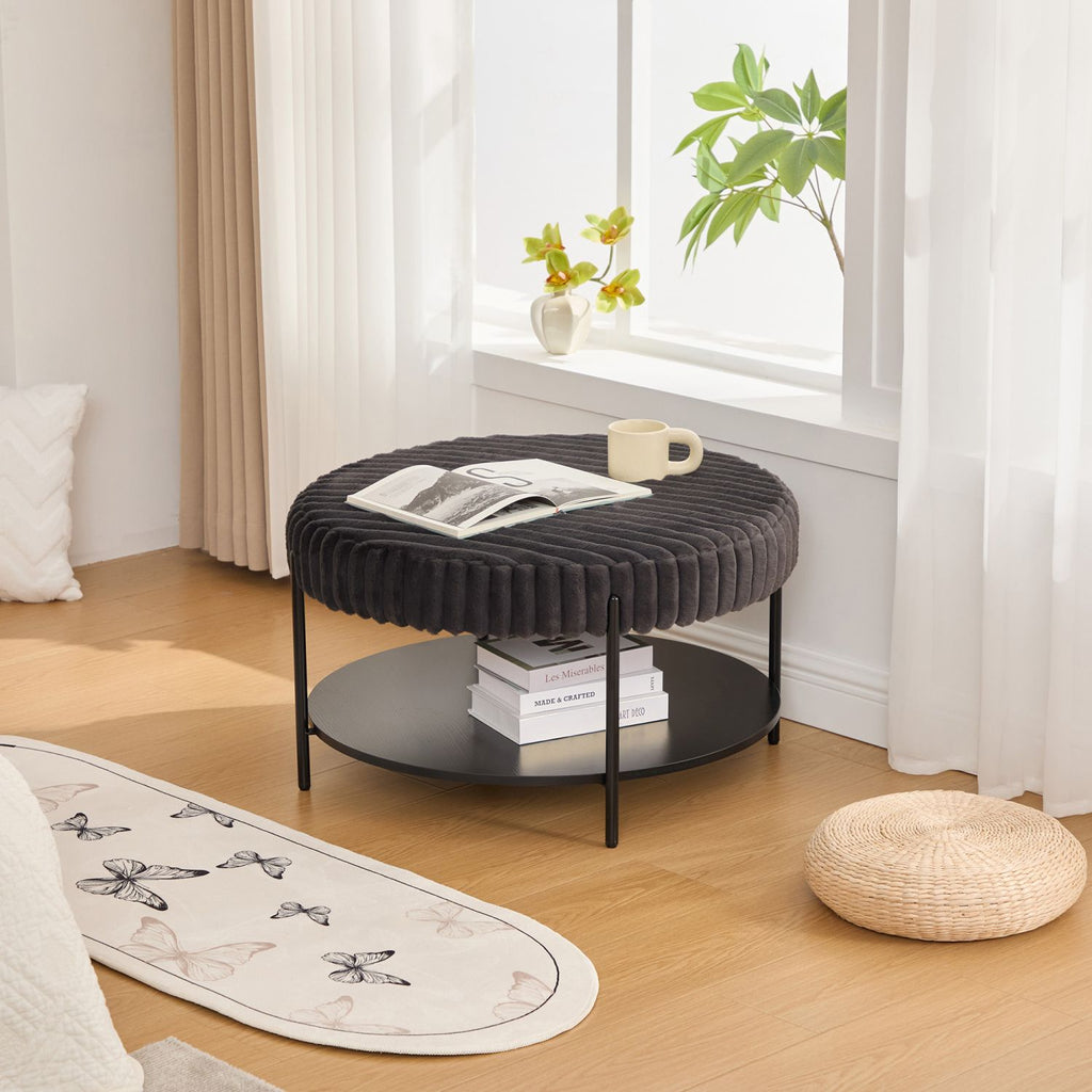 30.9"Wide Upholstered Round Ottoman Coffee Table Foot Rest with Black Metal Legs, Footstool with Wooden Open Storage Shelf,Faux Fur Footstool for Living Room Bedroom Entryway Hotel. Charcoal