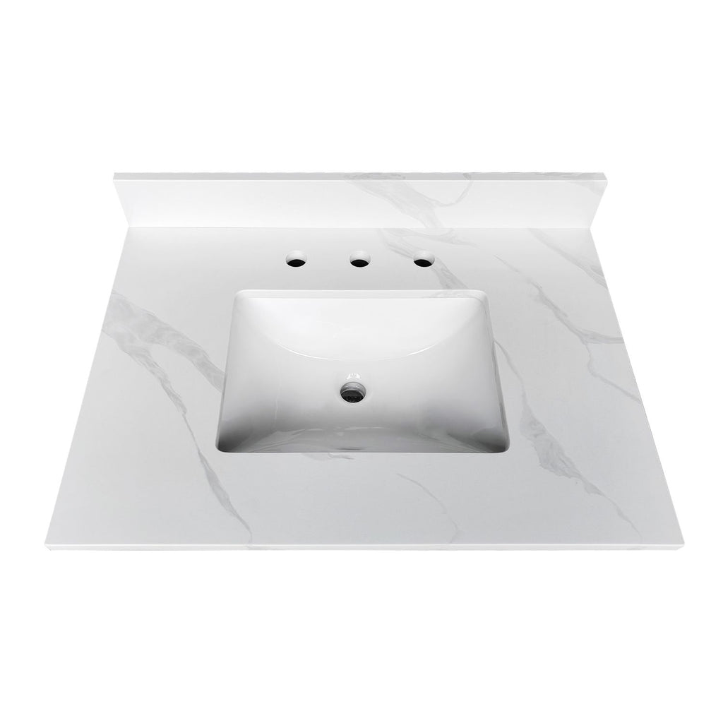 31-inch Quartz Bathroom Vanity Top, 3/4" Thick with Undermount Single Bowl Middle Sink, 4 Inch High Backsplash, 3 Pre-Drilled Faucet Hole, Stain & Heat Resistant, Carrara White Quartz with Veins