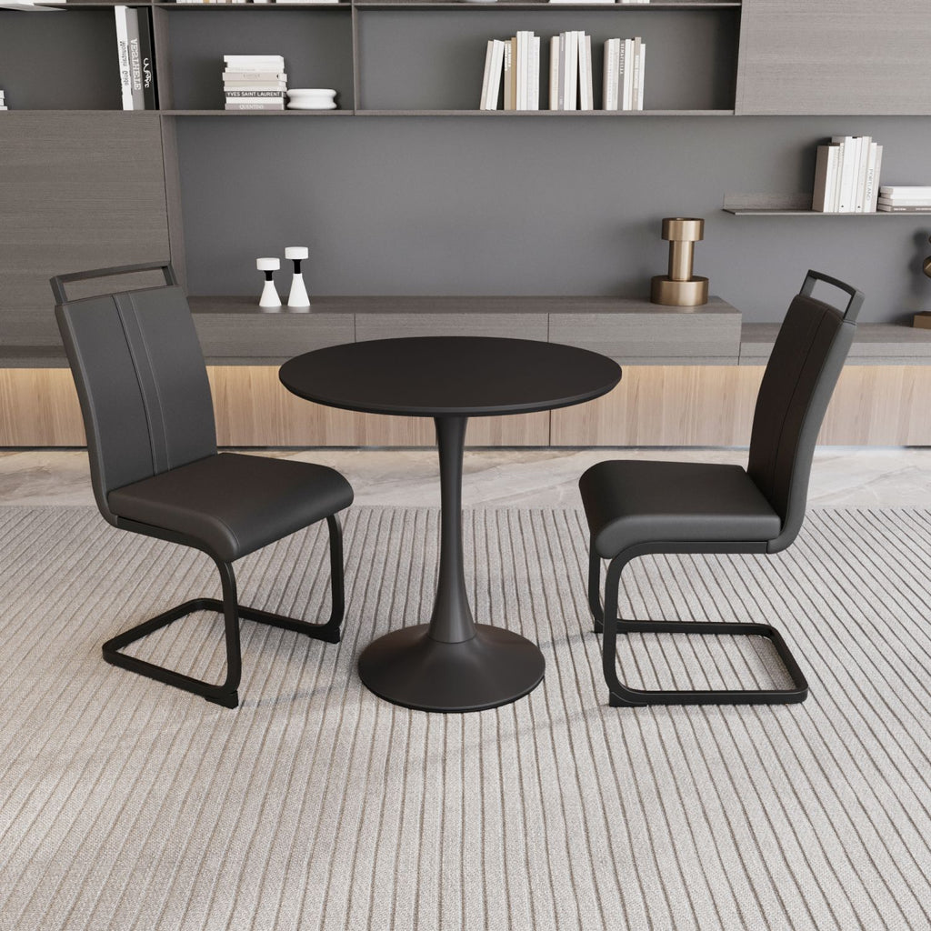 31.5 " Black circular dining table, tulip dining table, kitchen dining table for 2-4 people, MDF tabletop and base, and 2 black PU black metal leg dining chair set 2