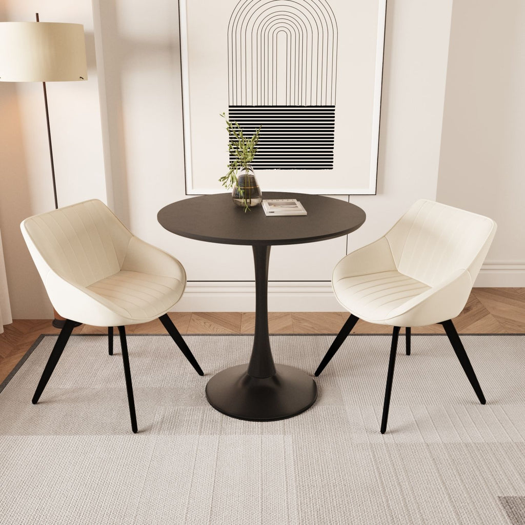 31.5 " black MDF round dining table, tulip dining table, and 2 artificial leather decorative chairs with black metal legs, 2-4 person kitchen dining table and chair set