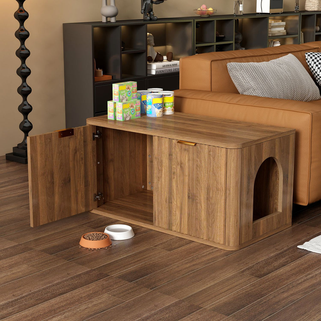 31.5" Walnut Cat Litter Box Enclosure Furniture, Large Decorative Hidden Litter Box Cabinet, Fluted Mid Century Modern Kitty End Table for Living Rooms, Bedrooms, Entryways (WALNUT)
