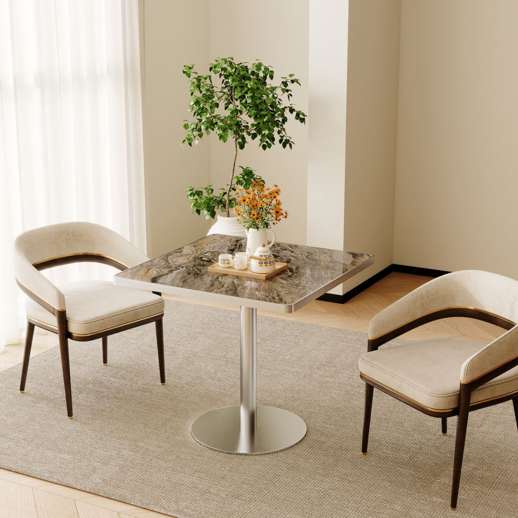 31.5"Square Modern Tulip Dining Table, Sintered Stone Tabletop with Luxury Faux Marble Print, Stainless Steel Bracket Base, Scratch & Wear Resistant, Waterproof Surface, Ideal for Indoor & Outdoor Use
