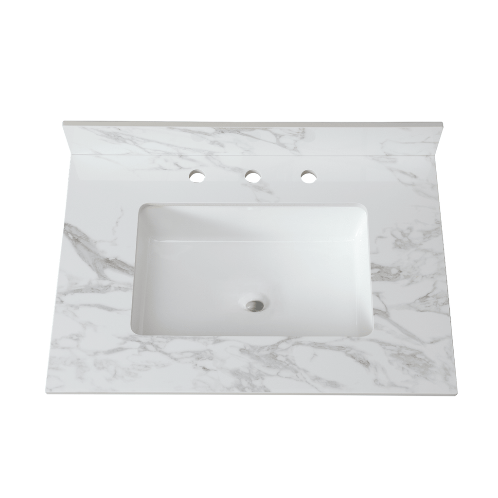 31"x22"Bathroom Vanity Top,sintered stone carra white Barthroom Vanity Sink Tops with Rectangular Undermount Ceramic Sink with Vanity Backsplash, Three Faucet Hole Bathroom Vanity Countertop