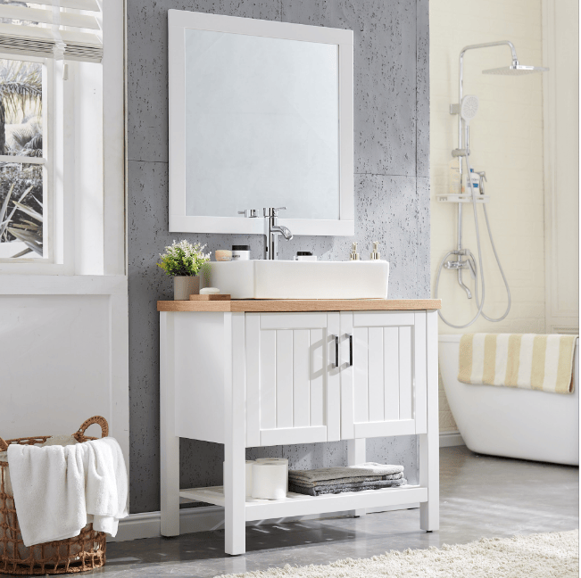 32" Bathroom Vanity with Sink,Single Bathroom Vanities Cabinet with Doors and Open Shelf,Solid Wood Small Vanity with Sink Set and Mirror,for Bathroom,White+Natural