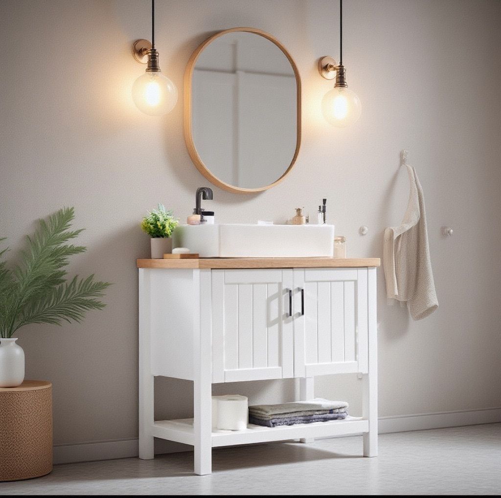 32" Bathroom Vanity with Sink,Single Bathroom Vanities Cabinet with Doors and Open Shelf,Solid Wood Small Vanity with Sink Set,for Bathroom,White+Natural
