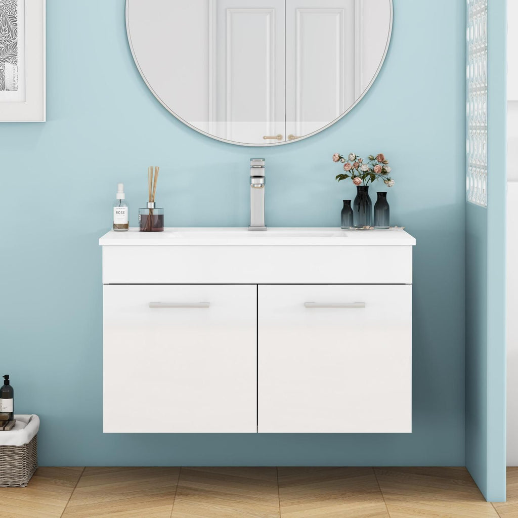 32-Inch Bathroom Vanity With Sink Combo,Wall-Mounted Bathroom Vanity with Double Doors, Wall Mount Bathroom Cabinet,,Soft Close Hinges,Long metal handles,Ceramic basin,Glossy White