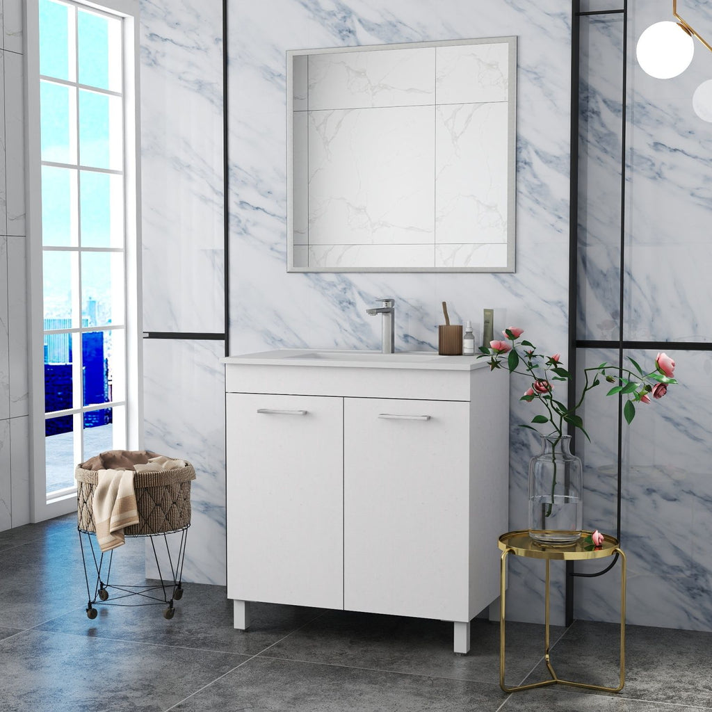 32-Inch Floor-Mounted Bathroom Vanity with Sink and Mirror Combo,Double Doors With Soft Close Hinges,Bathroom Cabinet With Adjust Shelf,Metal Handle ,Ceramic Basin,Adjustable Silver Feet,Glossy White