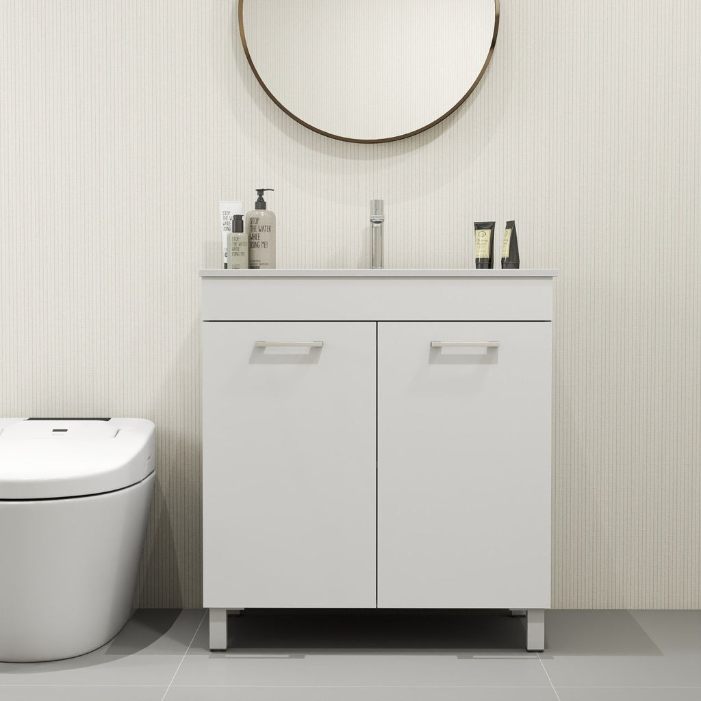 32-Inch Floor-Mounted Bathroom Vanity with Sink Combo,Double Doors With Soft Close Hinges,Bathroom Cabinet With Adjust Shelf,Metal Handle ,Ceramic Basin,Adjustable Silver Feet,Glossy White
