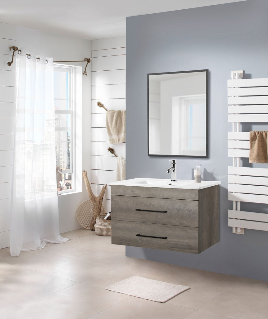 32-Inch Grey Wood Grain Wall-Mounted Bathroom Vanity with Double Drawers, Soft-Close System,White Ceramic Sink, and Black Aluminum Frame Mirror – Create a Modern and Minimalist Bathroom Space!Gray