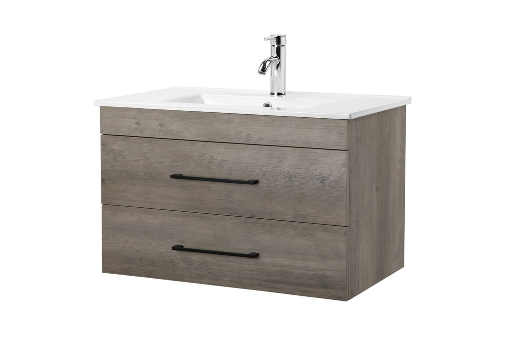 32-Inch Grey Wood Grain Wall-Mounted Bathroom Vanity with Double Drawers,Soft-Close System,White Ceramic Sink, Create a Modern and Minimalist Bathroom Space,for Bathroom