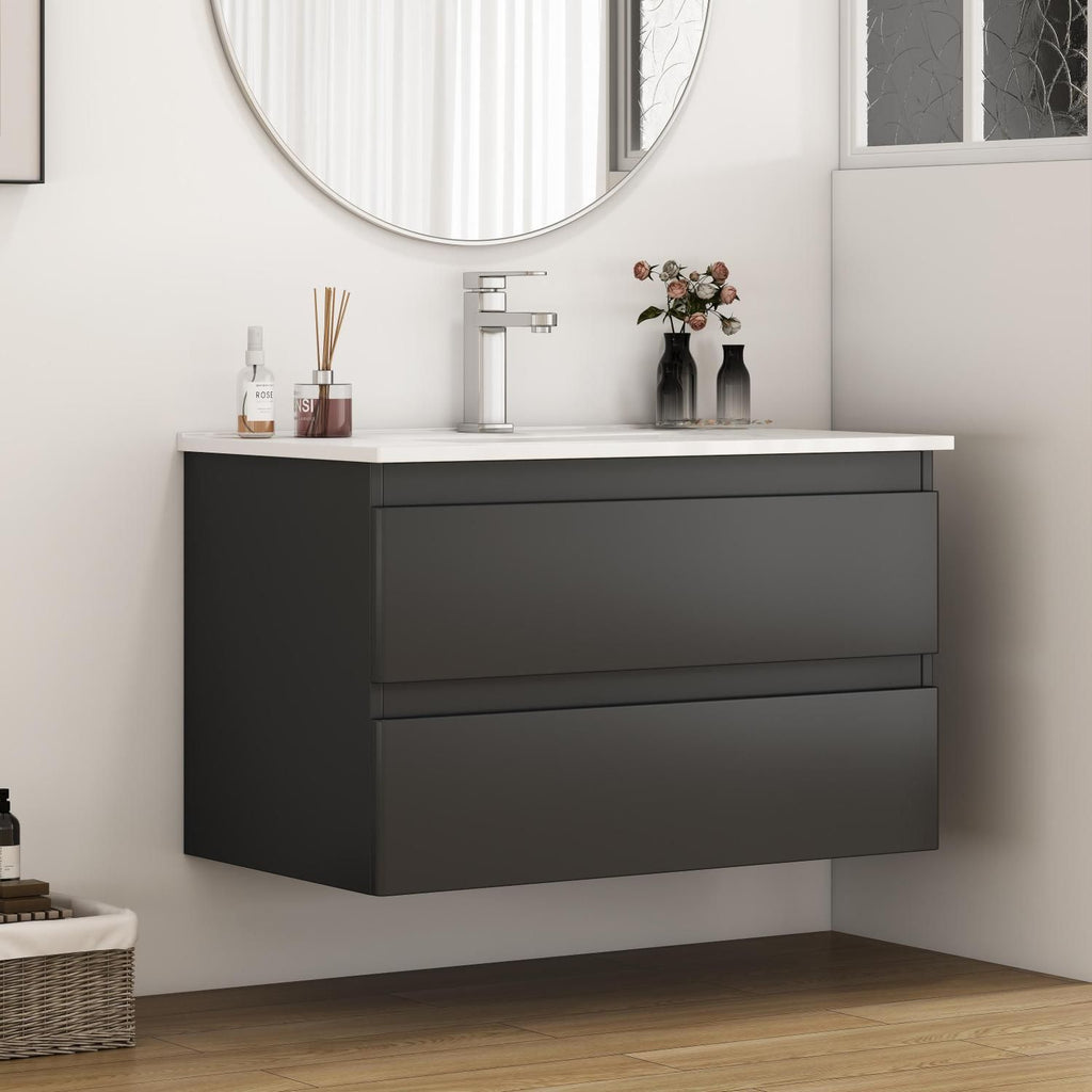 32-Inch Wall-Mounted Bathroom Vanity With Sink Combo, Double Drawers, Rounded Drawer Fronts,Soft-Close System,Ceramic Sink,No Handle Design,Solid Wood,Easy to Install,Black Brown