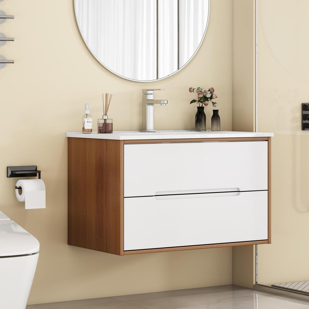 32-Inch Wall-Mounted Bathroom Vanity With Sink Combo, Double Drawers, Rounded Drawer Fronts,Soft-Close System,Ceramic Sink,Solid Wood,Easy to Install,Unique Handle-Free Design,Walnut+White