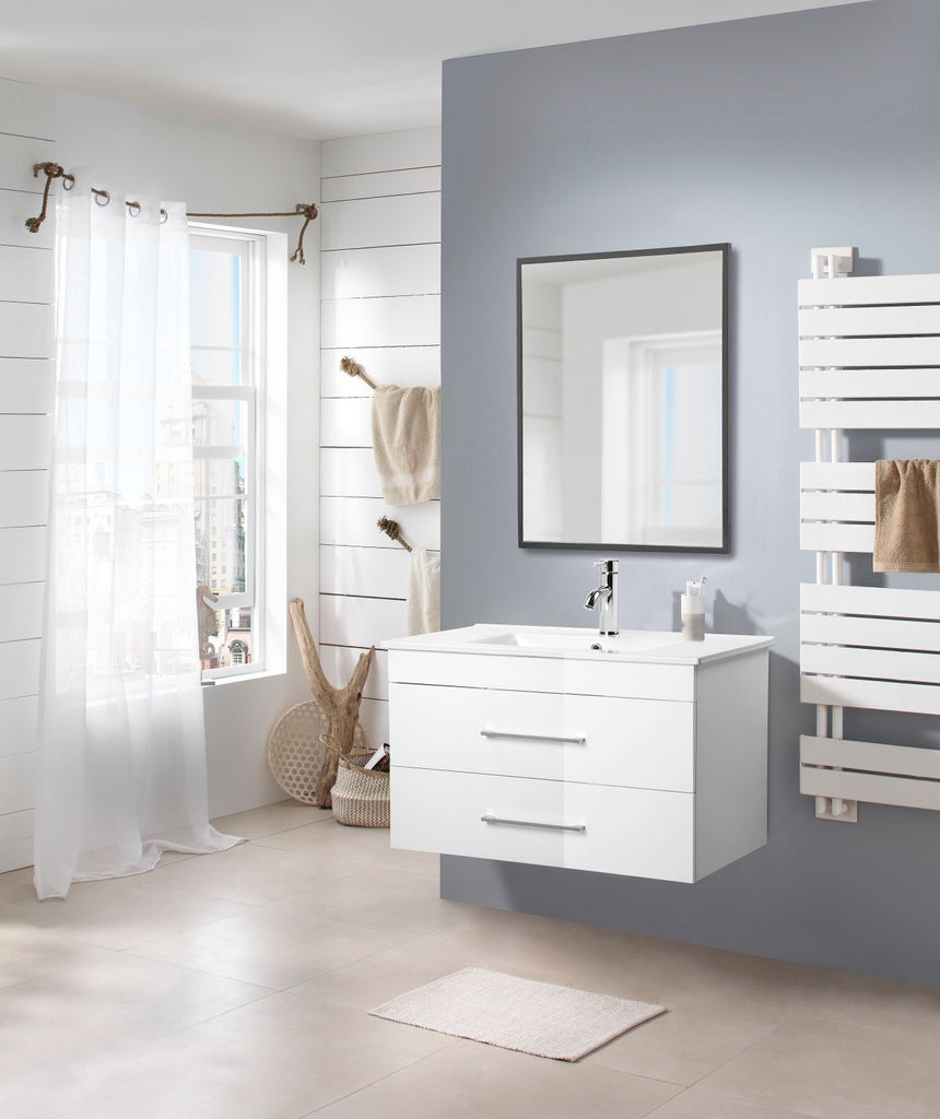 32-Inch White Gloss Wall-Mounted Bathroom Vanity with Double Drawers, Soft-Close System,Ceramic Sink, and Aluminium frame – Create a Modern and Minimalist Bathroom Space!Glossy White