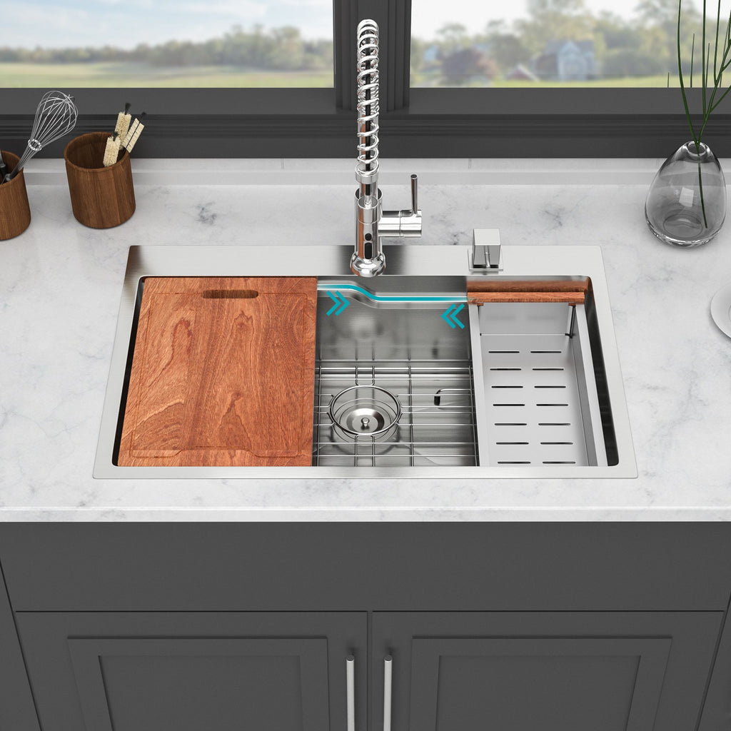 33" Drop in Kitchen Sink - 33*22 inch Kitchen Sink Drop-in Topmount Single Bowl 16 Gauge Stainless Steel Ledge Workstation Kitchen Sinks