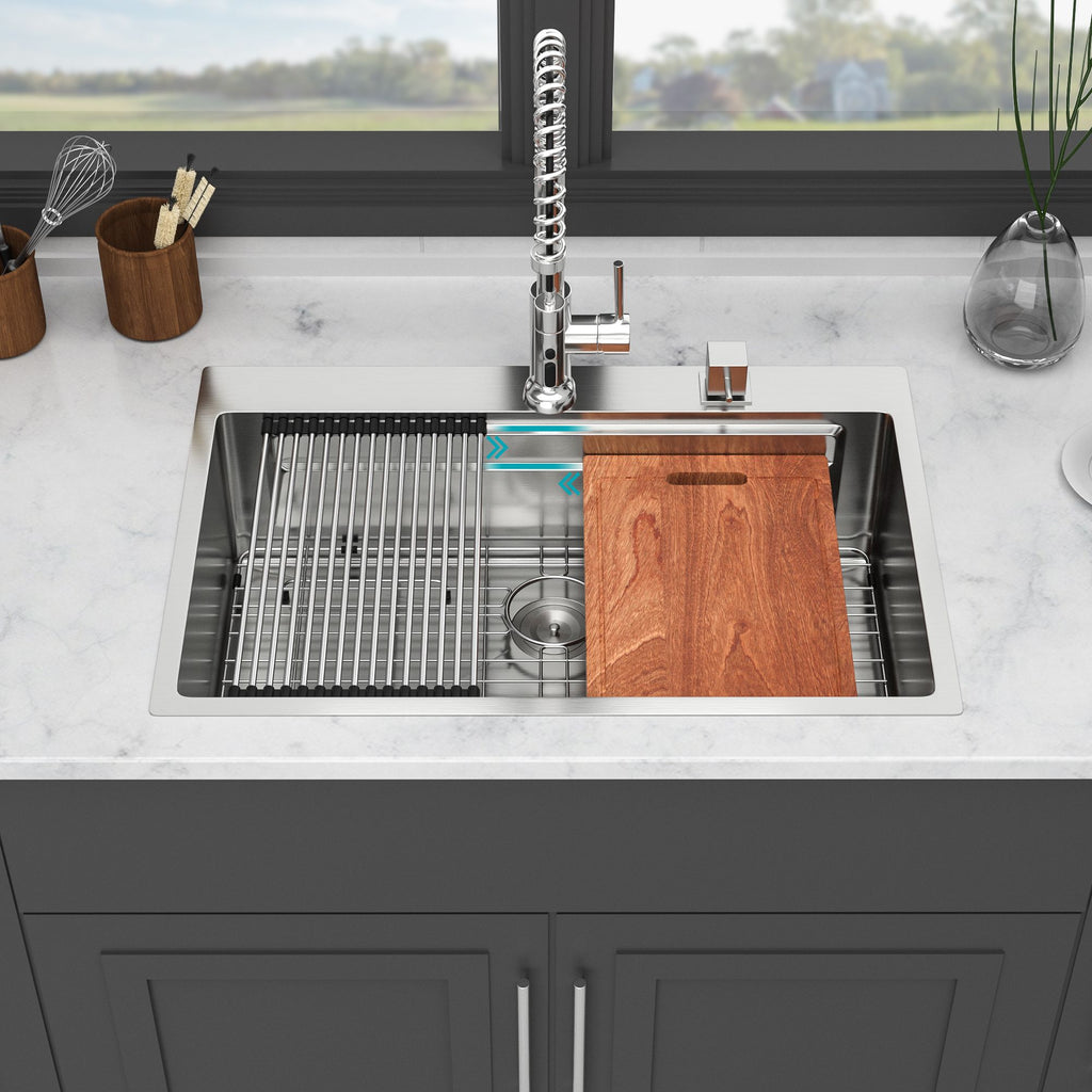 33" Drop in Kitchen Sink - 33*22 inch Kitchen Sink Drop-in Topmount Single Bowl 16 Gauge Stainless Steel Ledge Workstation Kitchen Sinks
