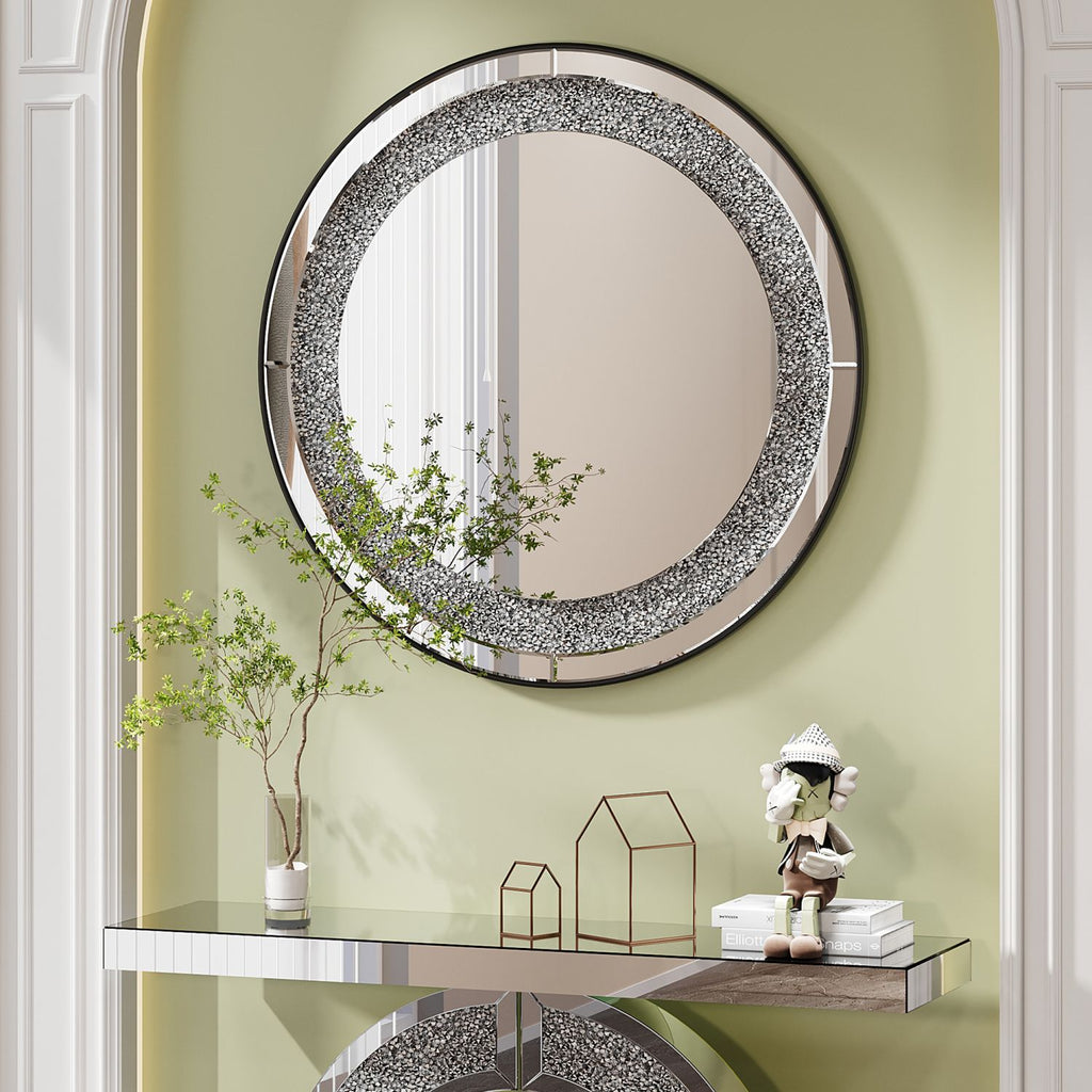 33.46"(85cm)Crystal Crush Diamond Sparkly round Silver Mirror for Wall Decoration