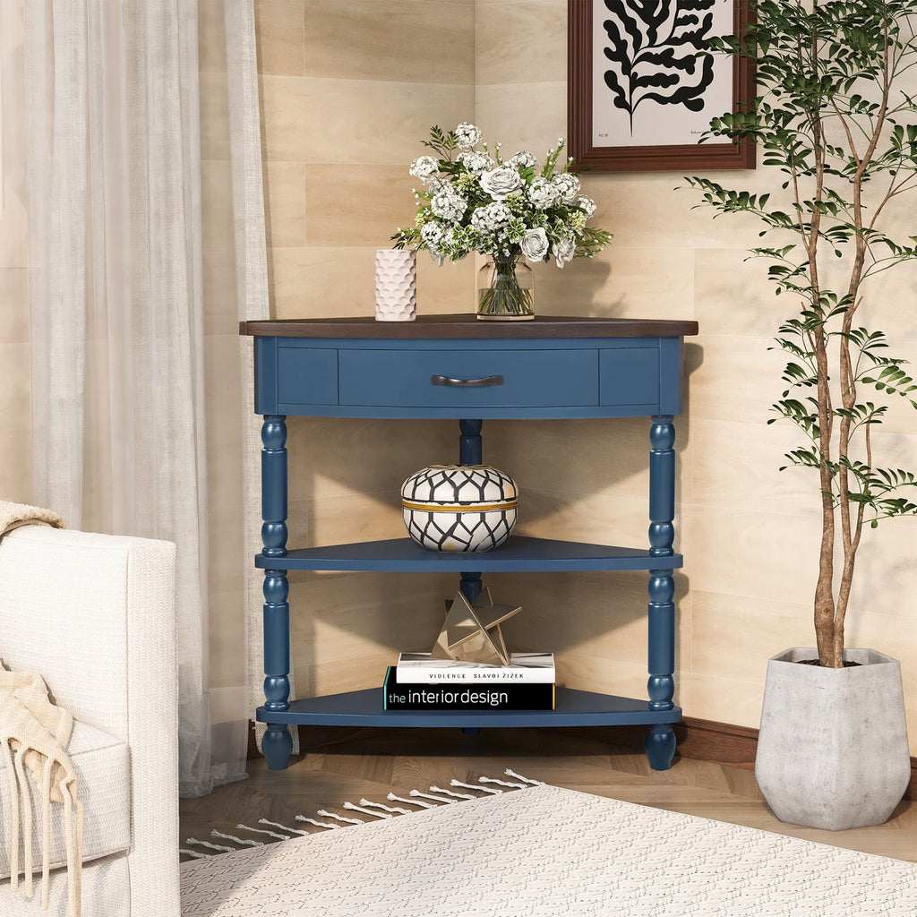33.8'' Small Triangle Corner Table, Wood Corner Side Table for Small Spaces/ Living Room, 3 Tier End Corner Table with Solid Wood Legs, Navy Blue and Espresso Top