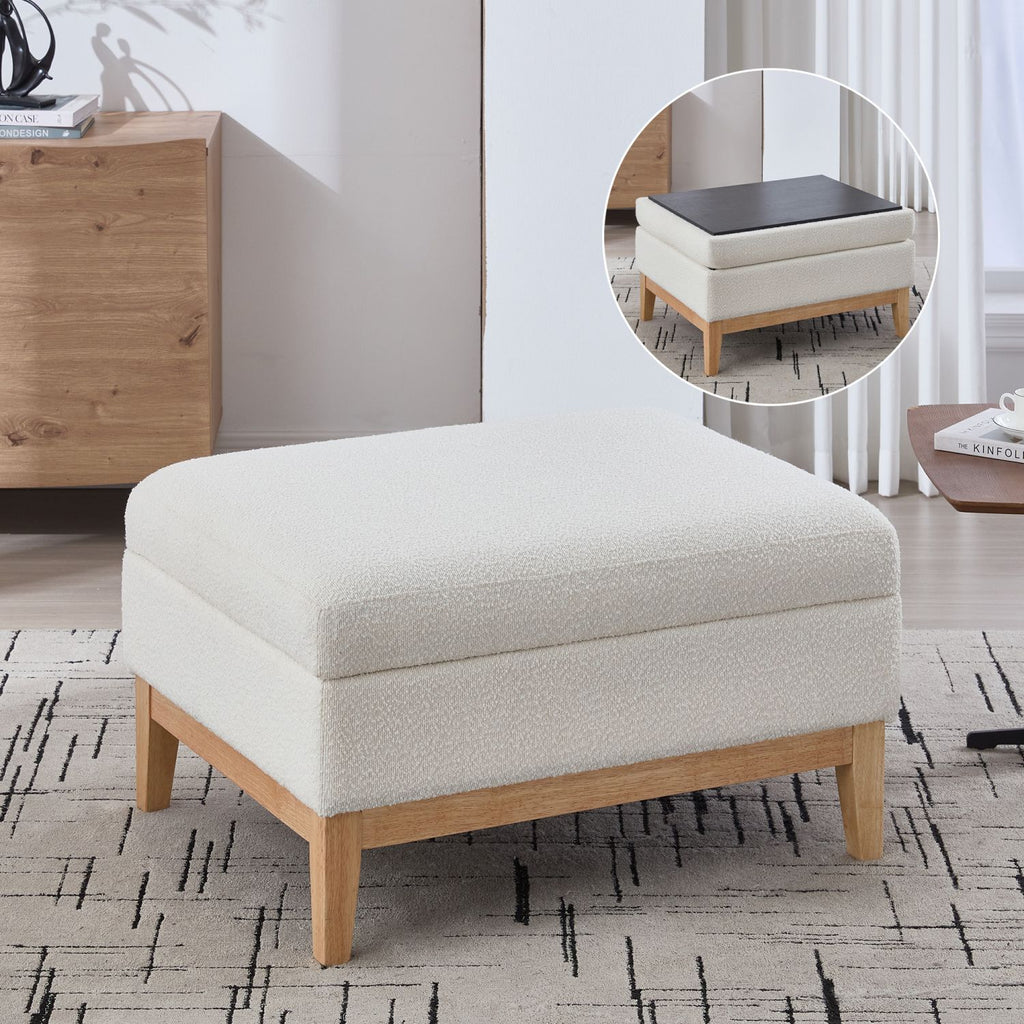 33.86"W Upholstered Wood Base Storage Ottoman With Reversible Lid Coffee Table, Foot Stool Square Footrest with Rubberwood Legs for Living Room Bedroom Entryway and Office, Ivory Boucle.