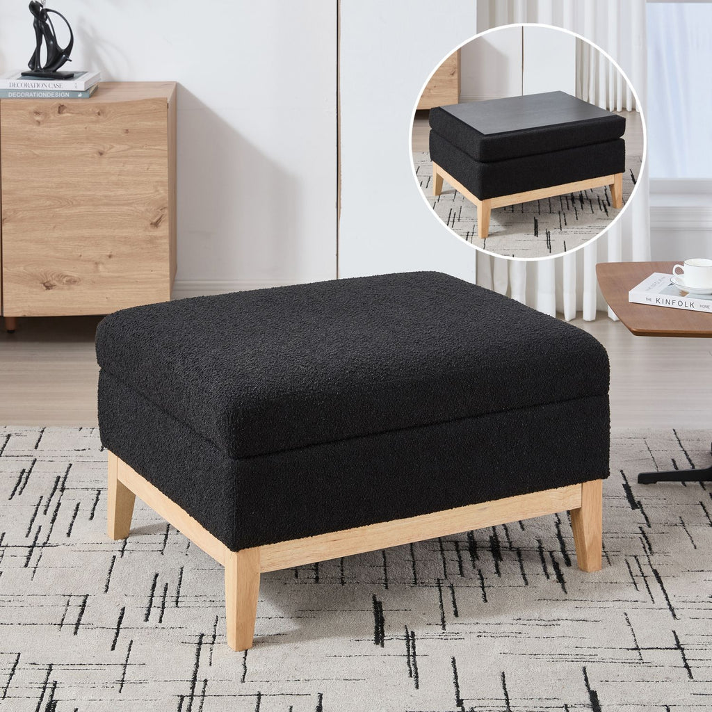 33.86"W Upholstered Wood Base Storage Ottoman With Reversible Lid Coffee Table, Foot Stool Square Footrest with Rubberwood Legs for Living Room Bedroom Entryway and Office,Black Boucle.