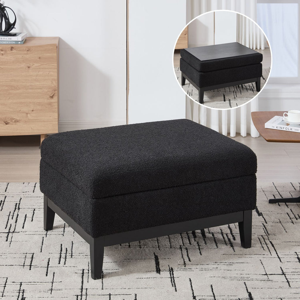 33.86"W Upholstered Wood Base Storage Ottoman With Reversible Lid Coffee Table, Foot Stool Square Footrest with Rubberwood Legs for Living Room Bedroom Entryway and Office,Black Boucle.