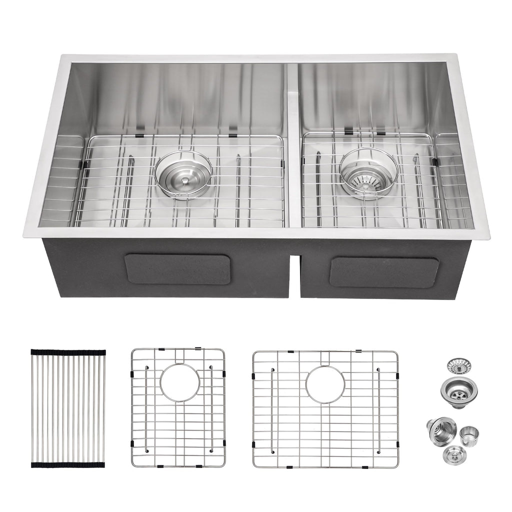 33x19x10" Undermount Double Bowl(60/40) Kitchen Sink - 16 Gauge with Two 10" Deep Basin
