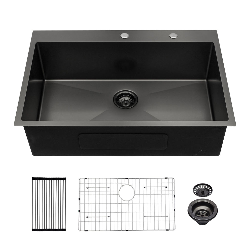 33x22 inch Kitchen Sink Drop In Gunmetal Black 16 Gauge Stainless Steel 33" Single Bowl Topmount Kitchen Sink Basin